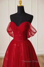 Lovely Wine Red Tulle Sweetheart Off Shoulder Prom Dresses, Wine Red Long Party Dresses