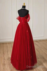 Lovely Wine Red Tulle Sweetheart Off Shoulder Prom Dress, Wine Red Long Party Dress