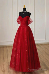 Lovely Wine Red Tulle Sweetheart Off Shoulder Prom Dress, Wine Red Long Party Dress