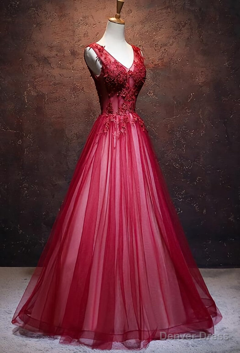Lovely Wine Red V Neckline Tulle Prom Gowns, A Line Prom Dresses