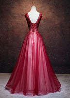 Lovely Wine Red V Neckline Tulle Prom Gowns, A Line Prom Dresses