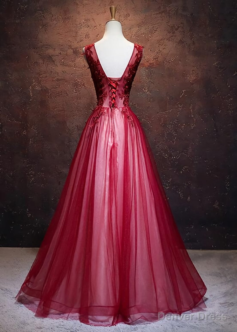Lovely Wine Red V Neckline Tulle Prom Gowns, A Line Prom Dresses