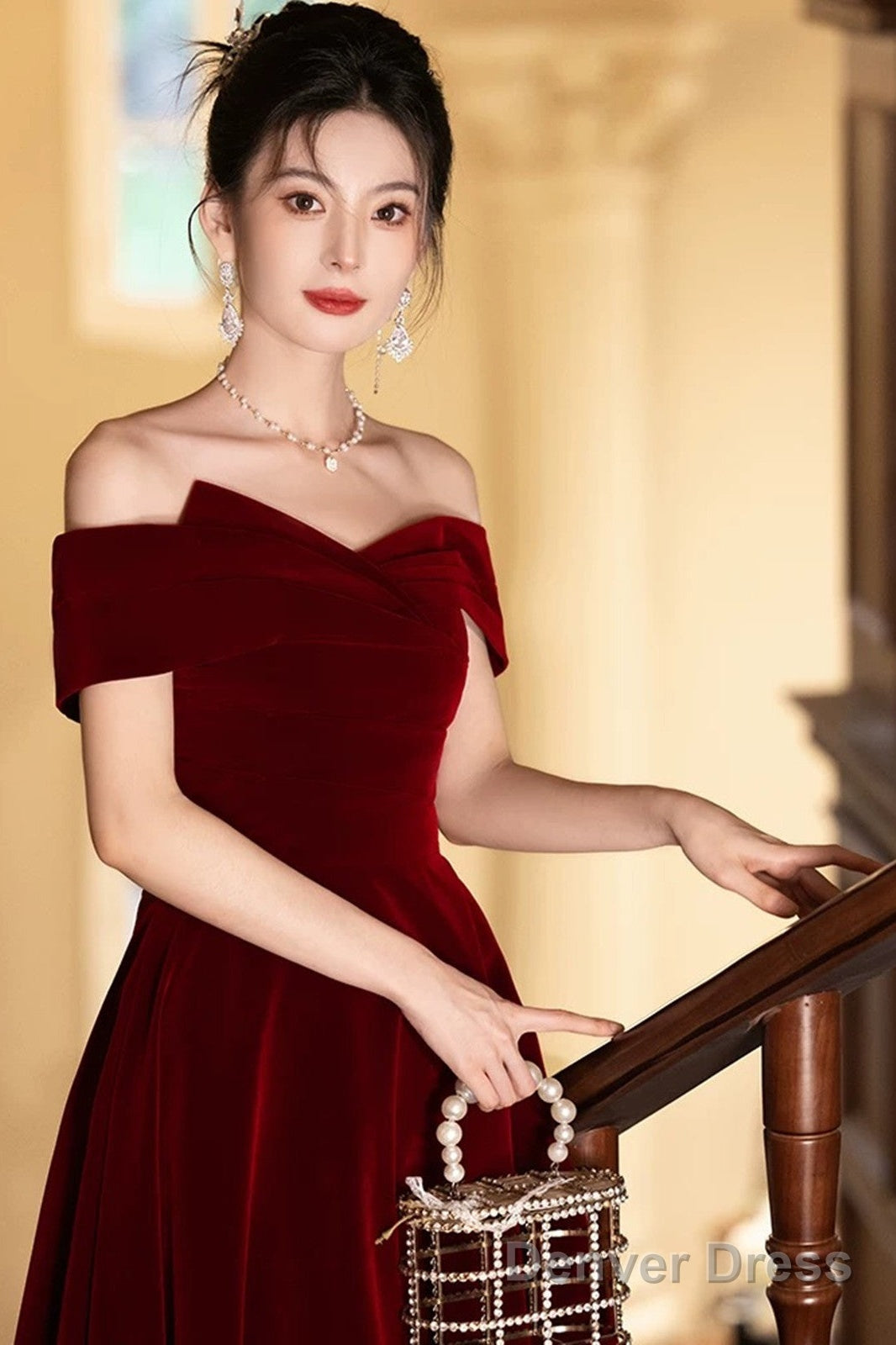 Lovely Wine Red Velvet A-Line Off Shoulder Party Dress, Wine Red Velvet Prom Dress Secondary image