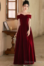 Lovely Wine Red Velvet A-Line Off Shoulder Party Dress, Wine Red Velvet Prom Dress