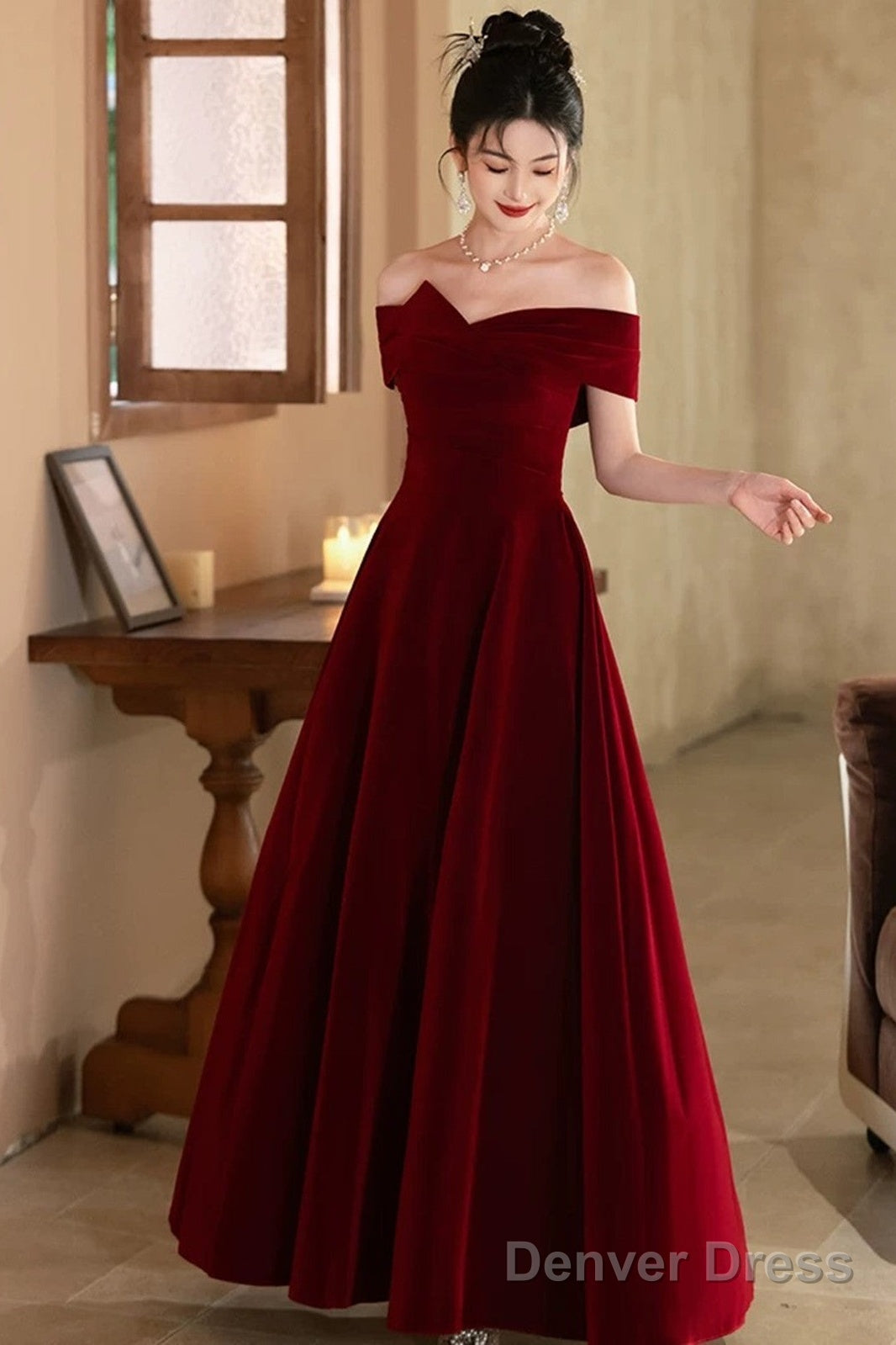 Lovely Wine Red Velvet A-Line Off Shoulder Party Dress, Wine Red Velvet Prom Dress