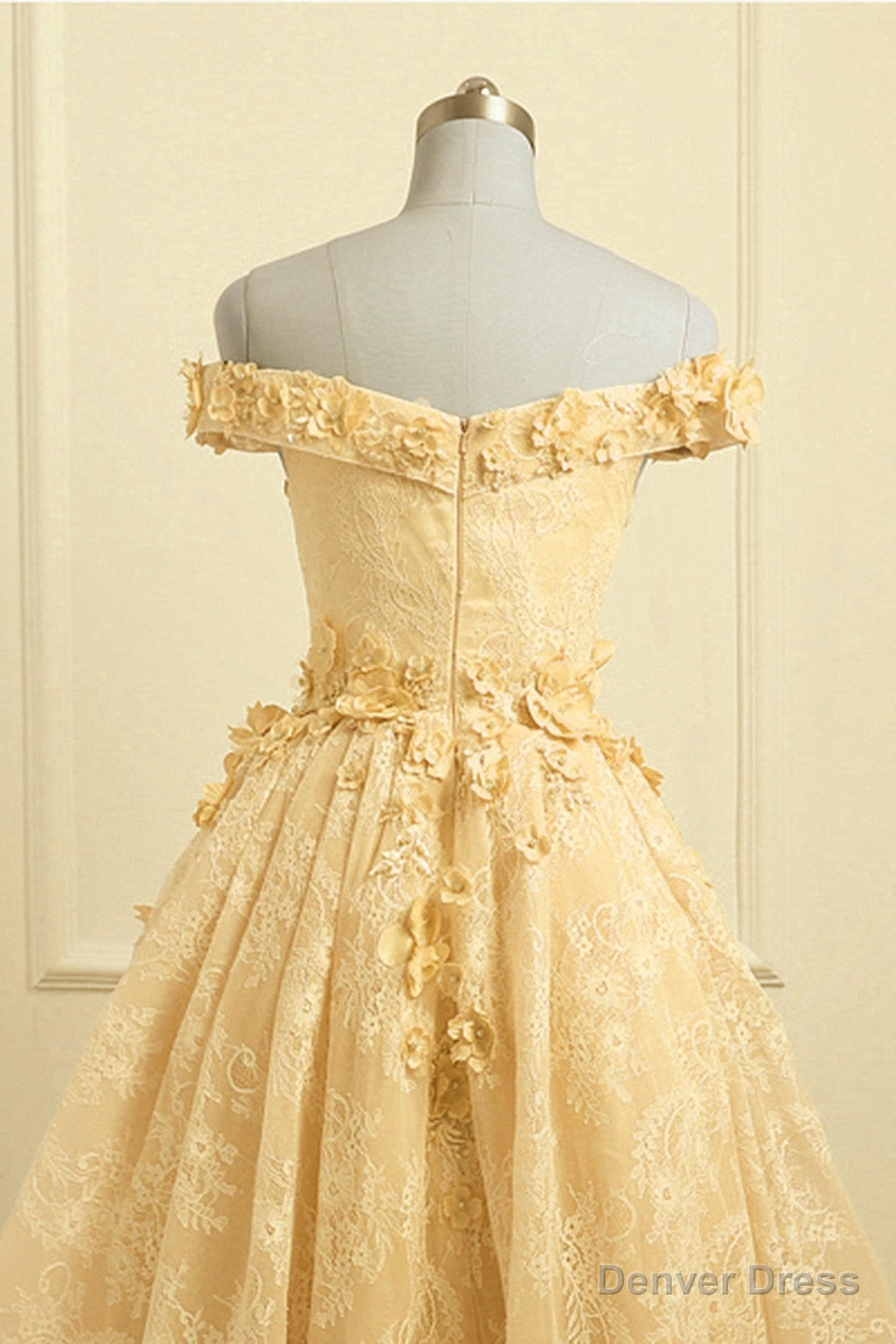 Lovely Yellow Off Shoulder Lace High Low Prom Dress, Yellow Prom Dresses