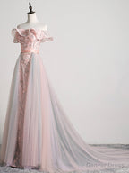 Lovely Tulle Applique Long Prom Dress, A-Line Evening Dress with Detachable Skirt