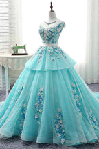 Lovey Blue Layers Ball Gowns Tulle with Flowers Sweet 16 Gowns, Blue Prom Dresses