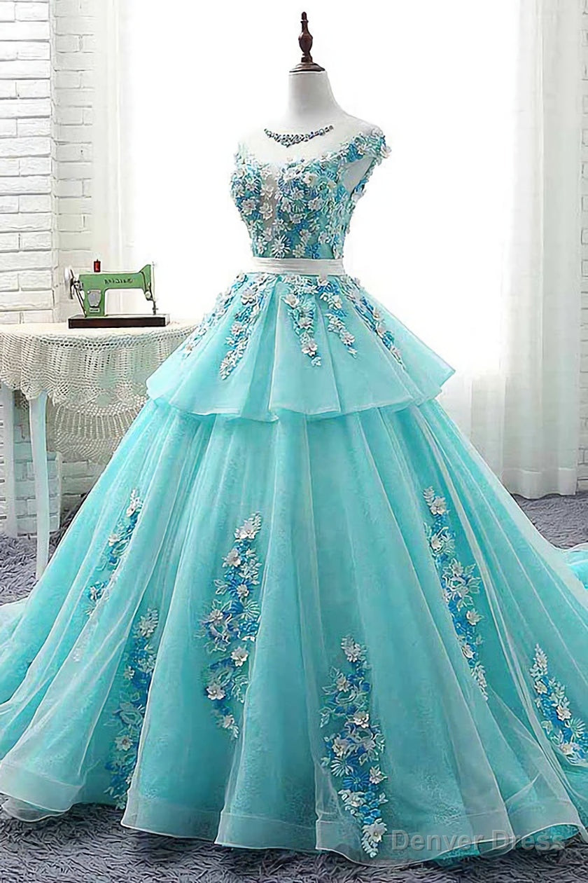 Lovey Blue Layers Ball Gowns Tulle with Flowers Sweet 16 Gowns, Blue Prom Dresses