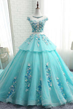 Lovey Blue Layers Ball Gowns Tulle with Flowers Sweet 16 Gowns, Blue Prom Dresses