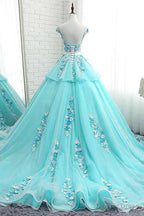 Lovey Blue Layers Ball Gowns Tulle with Flowers Sweet 16 Gowns, Blue Prom Dresses