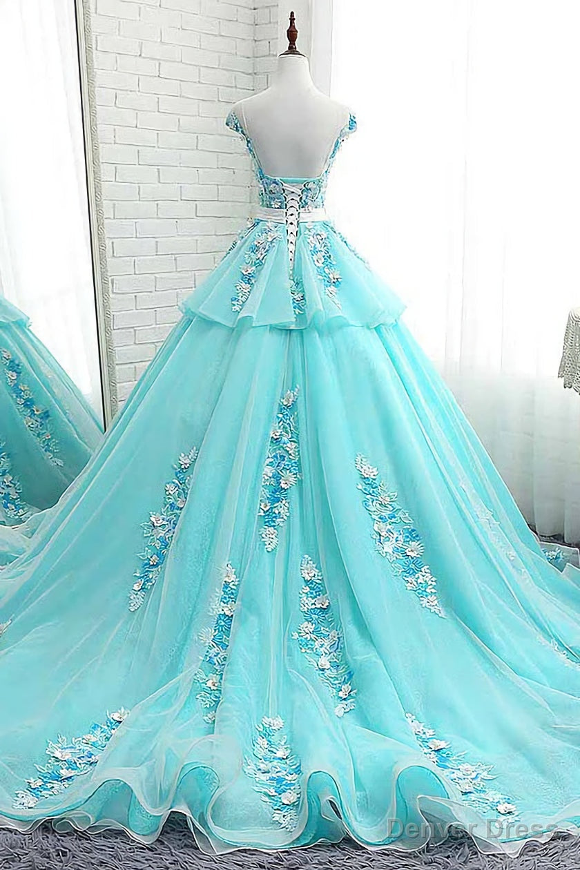 Lovey Blue Layers Ball Gowns Tulle with Flowers Sweet 16 Gowns, Blue Prom Dresses