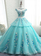 Lovey Blue Layers Ball Gowns Tulle with Flowers Sweet 16 Gowns, Blue Prom Dresses