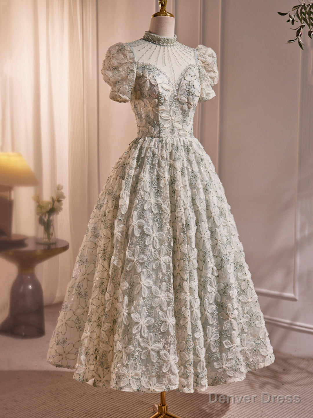 Beautiful Beading Pearl Sequins Green Prom Dresses, High Neckline Tea Length Sage Green Party Dress Main image