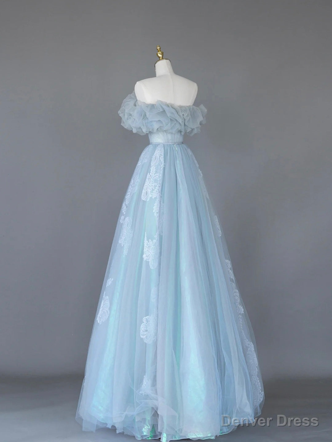 Light Blue Tulle Lace Long Prom Dress, Beautiful Off Shoulder Evening Party Dress Main image