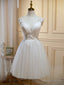 Ivory V Neck Lace Straps Prom Dress, Ivory Knee Length Prom Dresses