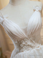 Ivory V Neck Lace Straps Prom Dress, Ivory Knee Length Prom Dresses