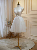 Ivory V Neck Lace Straps Prom Dress, Ivory Knee Length Prom Dresses