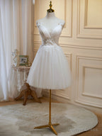 Ivory V Neck Lace Straps Prom Dress, Ivory Knee Length Prom Dresses