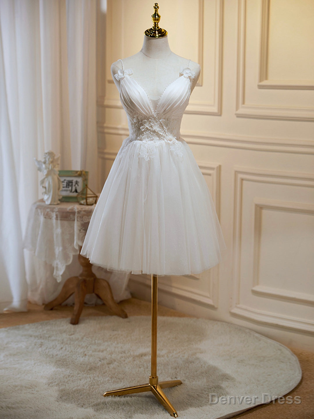 Ivory V Neck Lace Straps Prom Dress, Ivory Knee Length Prom Dresses