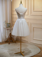 Ivory V Neck Lace Straps Prom Dress, Ivory Knee Length Prom Dresses