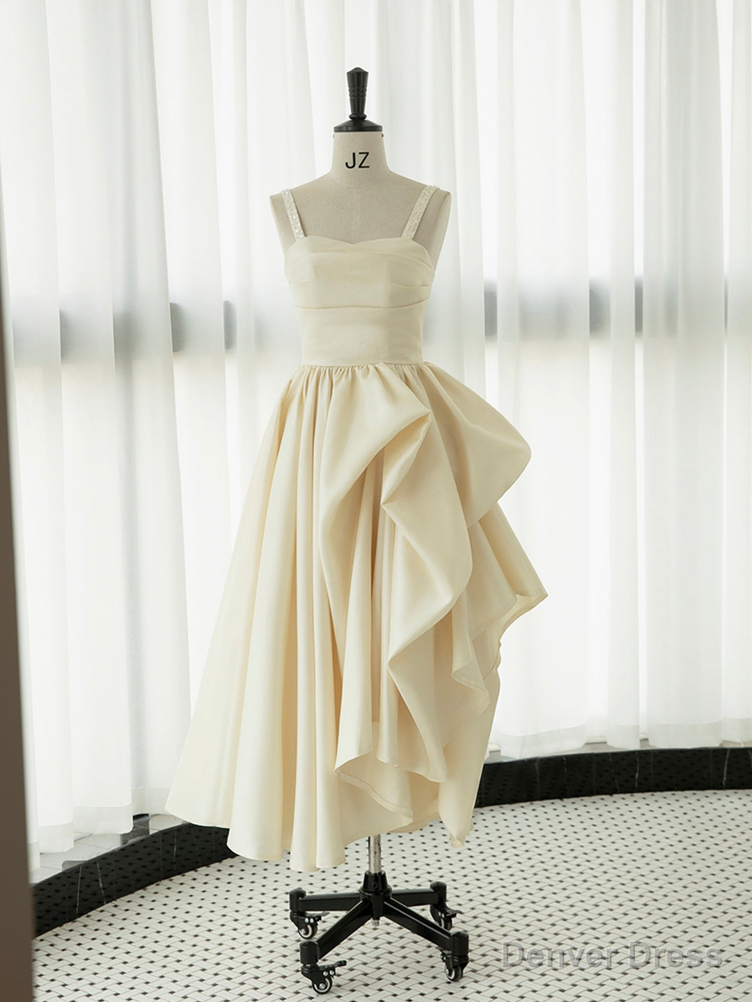 Irregular Champagne Tea Length Prom Dress, Simple A-Line Evening Party Dress Main image