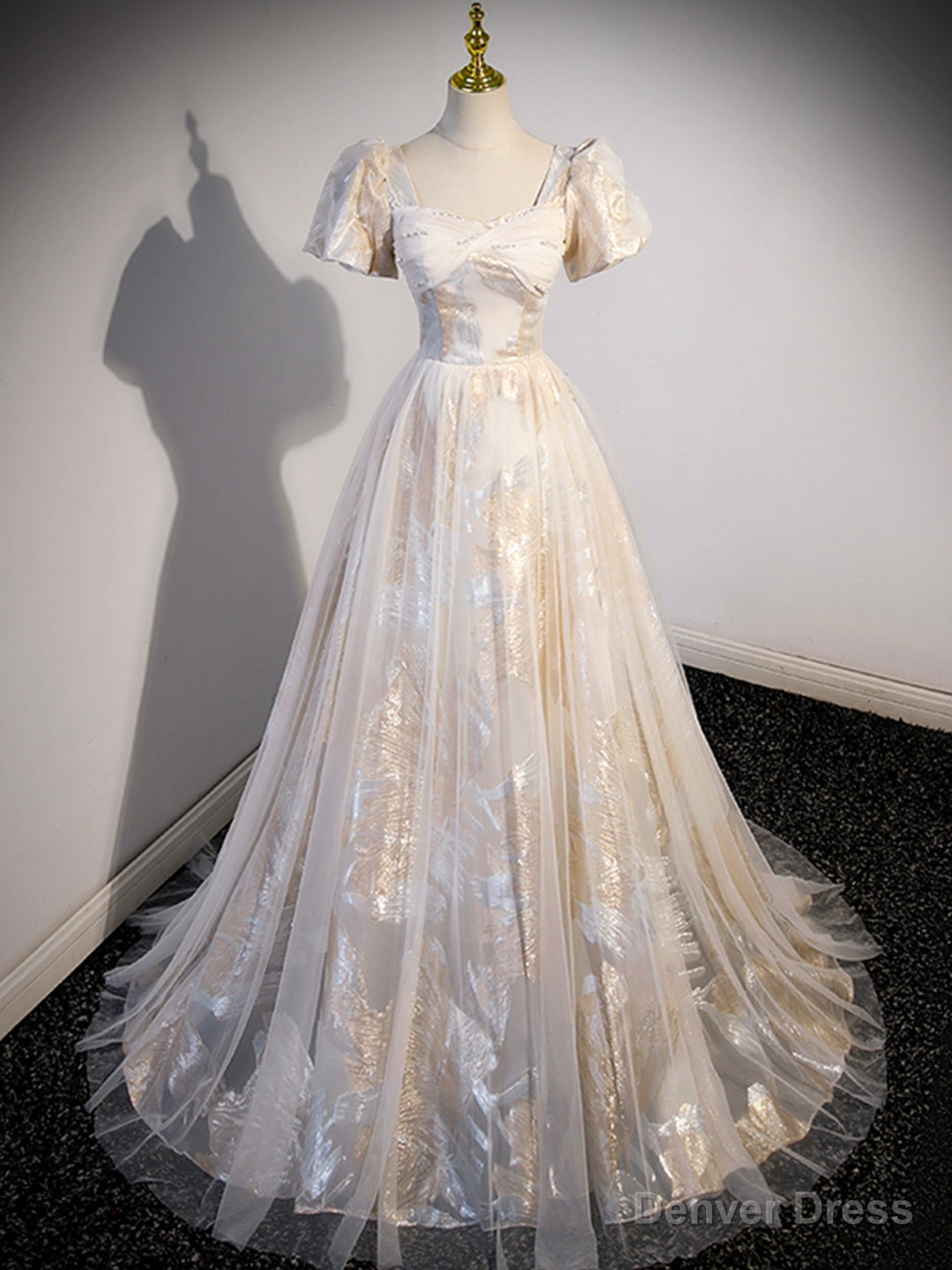 Champagne Tulle Long Formal Dresses, Champagne Short Sleeve Evening Dresses Main image