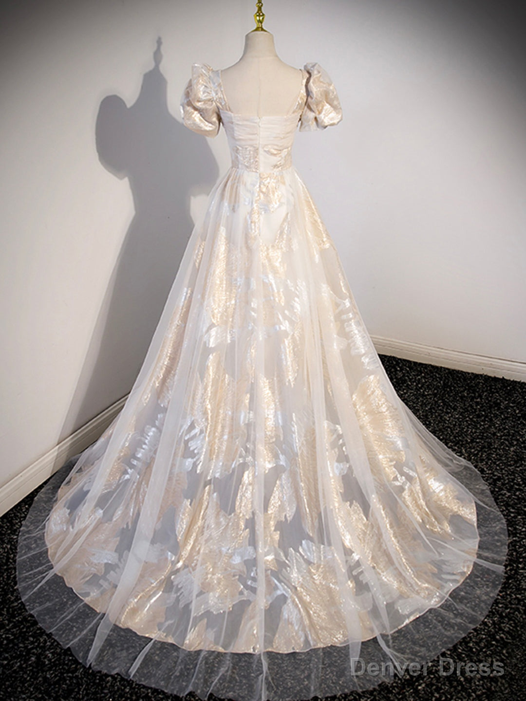 Champagne Tulle Long Formal Dresses, Champagne Short Sleeve Evening Dresses