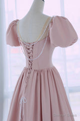 Pink Satin Long A-Line Prom Dress, Cute Short Sleeve Evening Dress