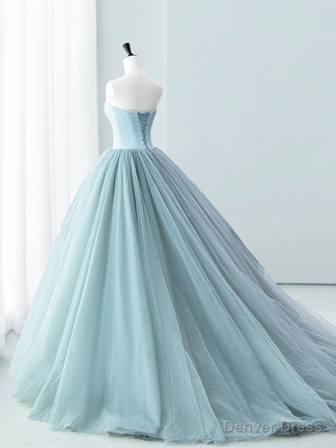 Blue Satin Tulle Long Prom Dress, Lovely Strapless Evening Dress Main image