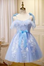 Blue Lace Knee Length Prom Dress, Lovely A Line Homecoming Dresses