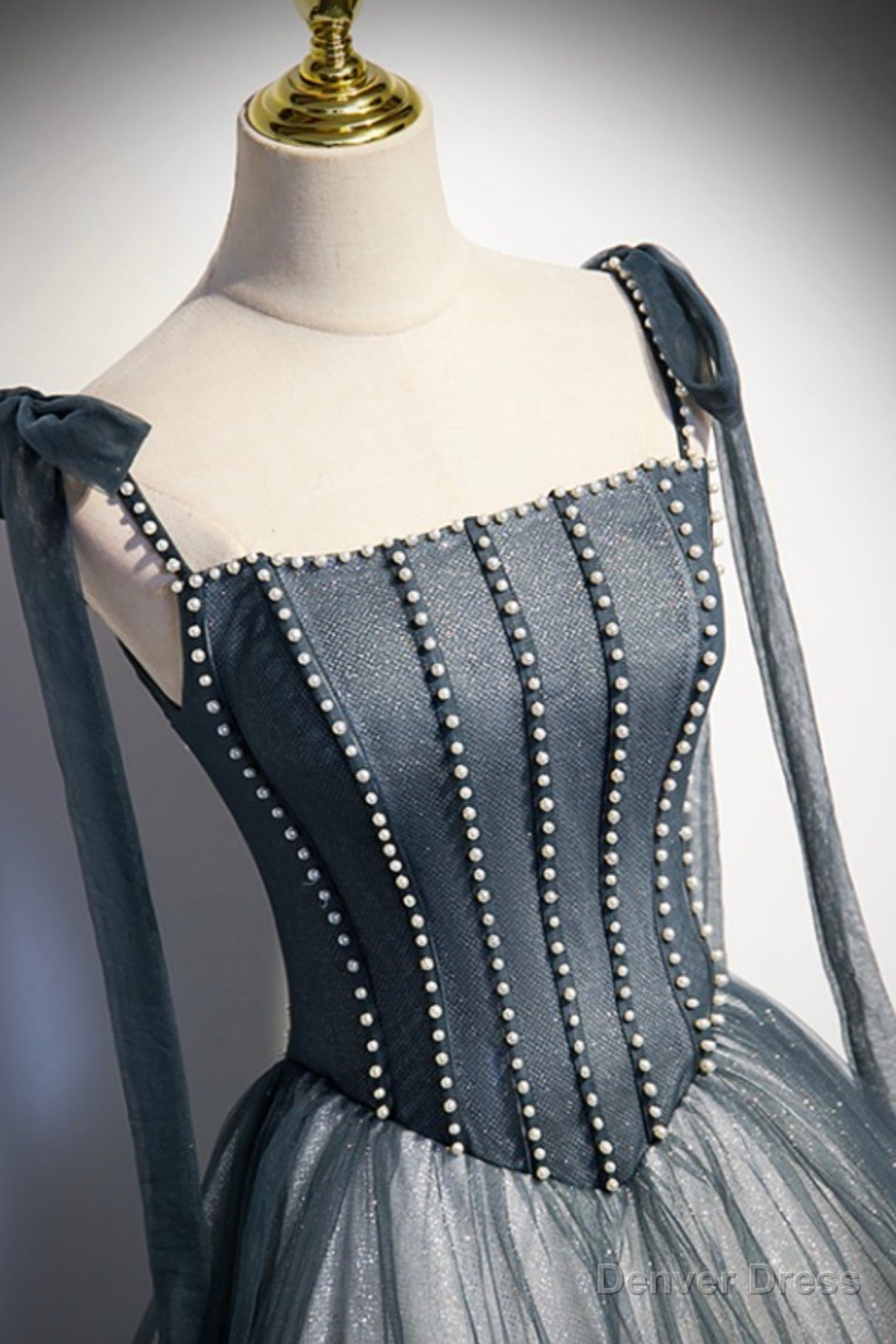 Gray Spaghetti Straps Long A Line Prom Dress, Gray Prom Dresses with Beaded