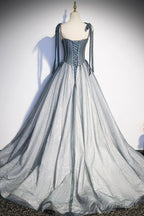Gray Spaghetti Straps Long A Line Prom Dress, Gray Prom Dresses with Beaded