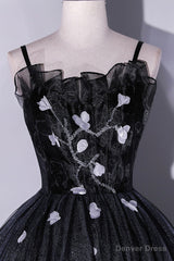 Black Tulle Long A-Line Evening Gown, Black Spaghetti Strap Evening Gown