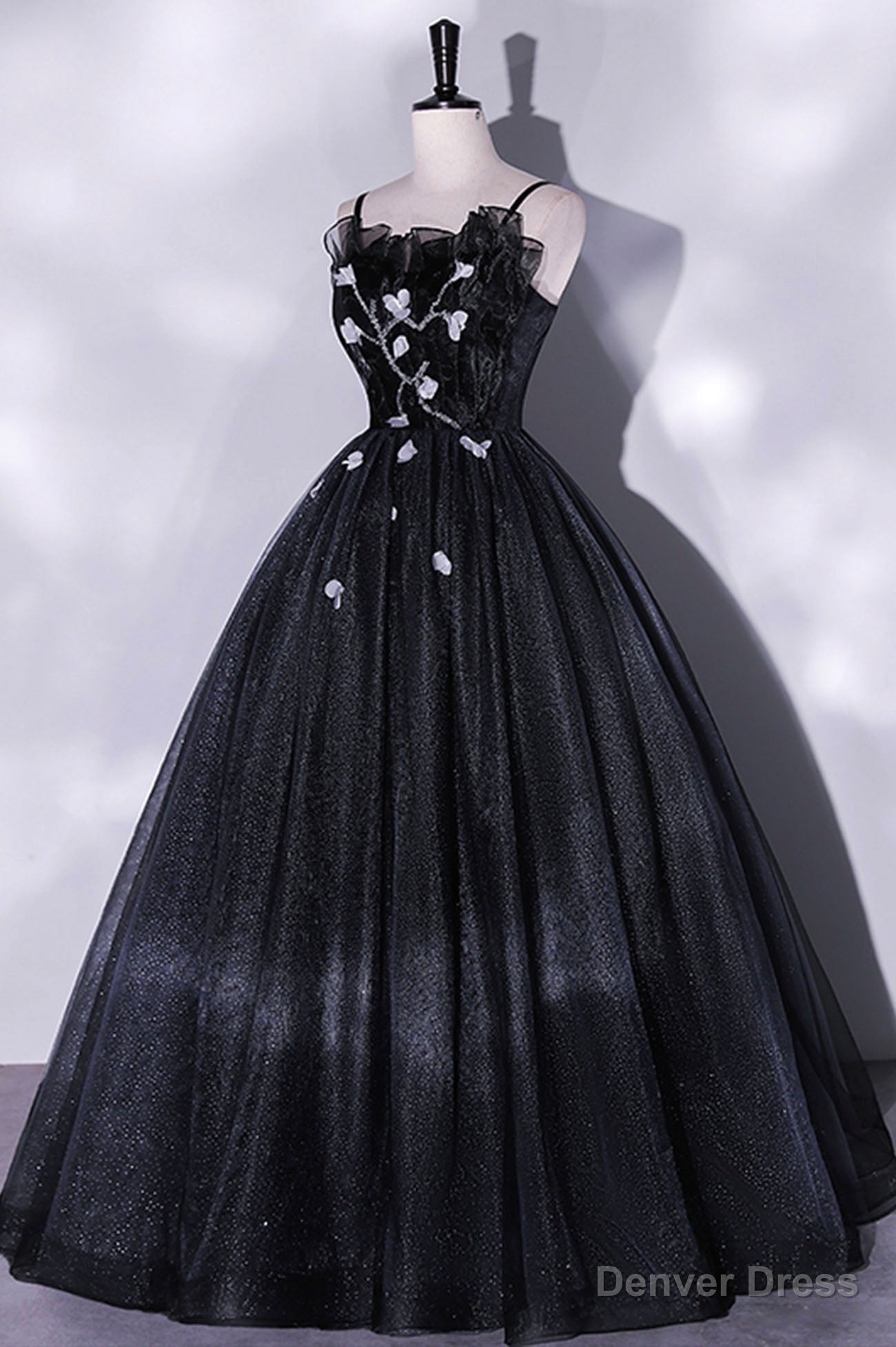 Black Tulle Long A-Line Evening Gown, Black Spaghetti Strap Evening Gown Main image
