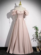 Pink Satin A Line Floor Length Prom Dress, Off Shoulder Short Sleeve Prom Dresses