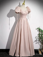 Pink Satin A Line Floor Length Prom Dress, Off Shoulder Short Sleeve Prom Dresses