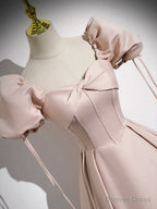Pink Satin A Line Floor Length Prom Dress, Off Shoulder Short Sleeve Prom Dresses