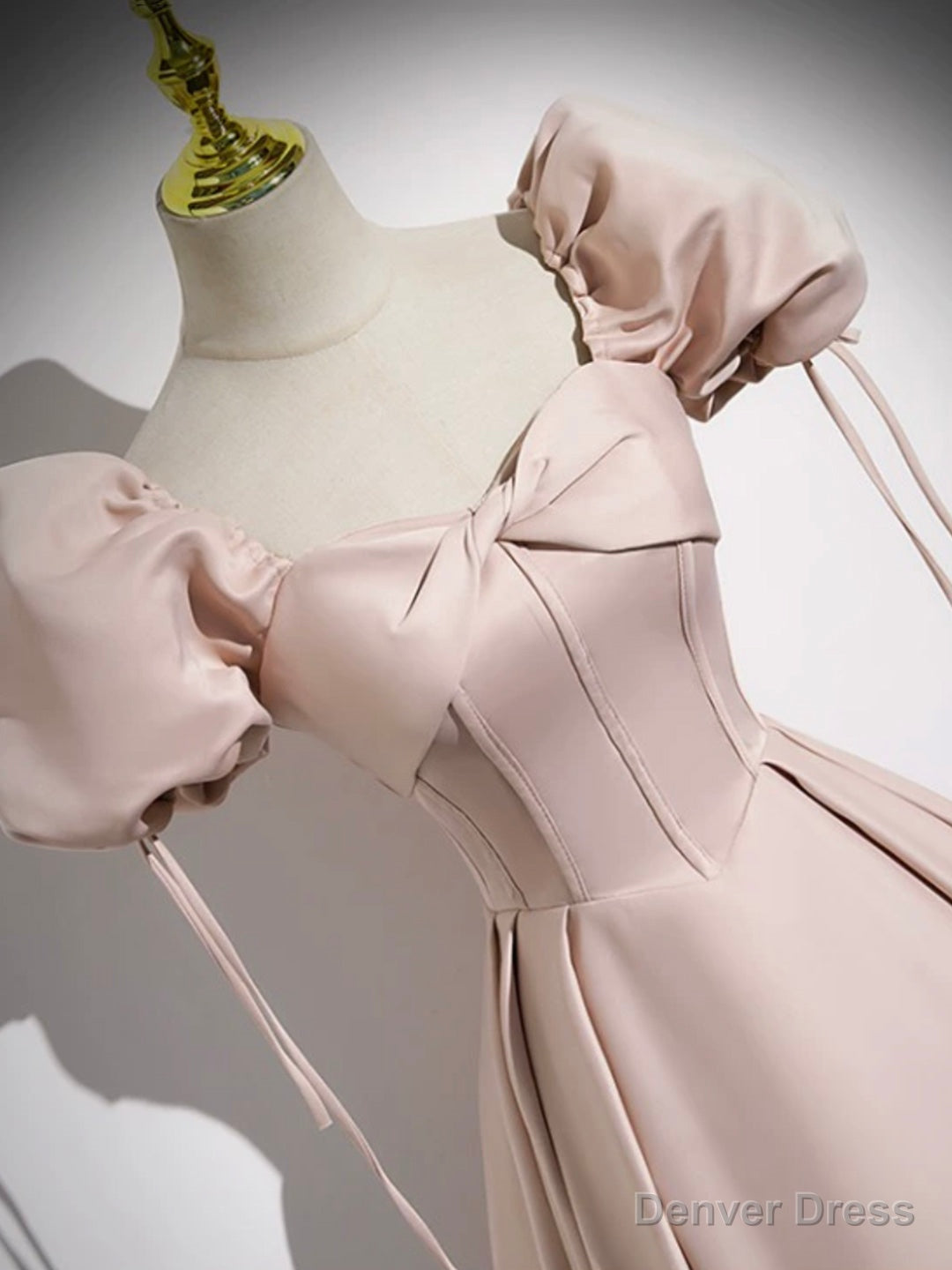 Pink Satin A Line Floor Length Prom Dress, Off Shoulder Short Sleeve Prom Dresses