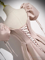 Pink Satin A Line Floor Length Prom Dress, Off Shoulder Short Sleeve Prom Dresses