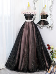 Black Tulle and Pink Flowers Party Dress, Black  Off Shoulder Sweet 16 Dress
