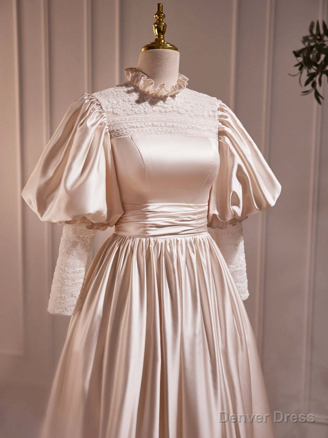 Champagne Satin Lace Long Sleeve Prom Dress, Champagne Evening Party Dress Secondary image