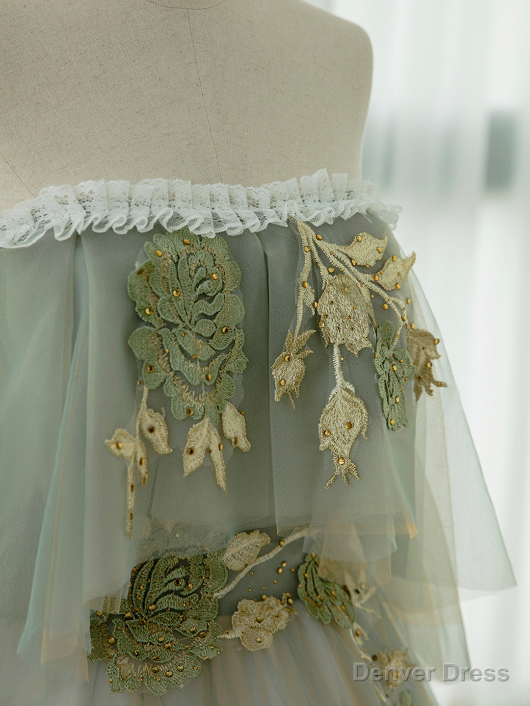 Green Tulle Lace Long Prom Dress, Green Off Shoulder Evening Party Dress