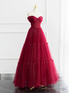Burgundy Shiny Tulle Long Prom Dress, Beautiful A-Line Off the Shoulder Evening Dress