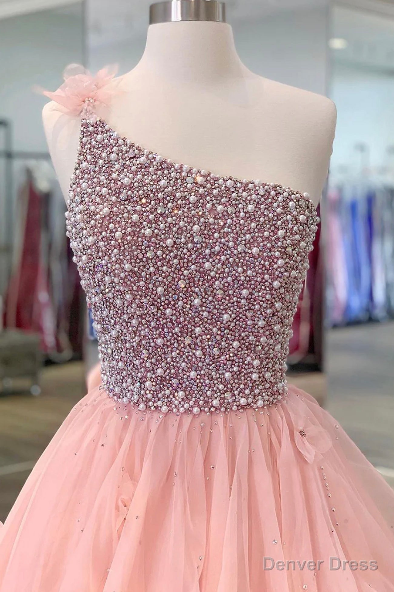 Pink Organza Beaded Long Prom Dress, A Line One Shoulder Prom Dresses
