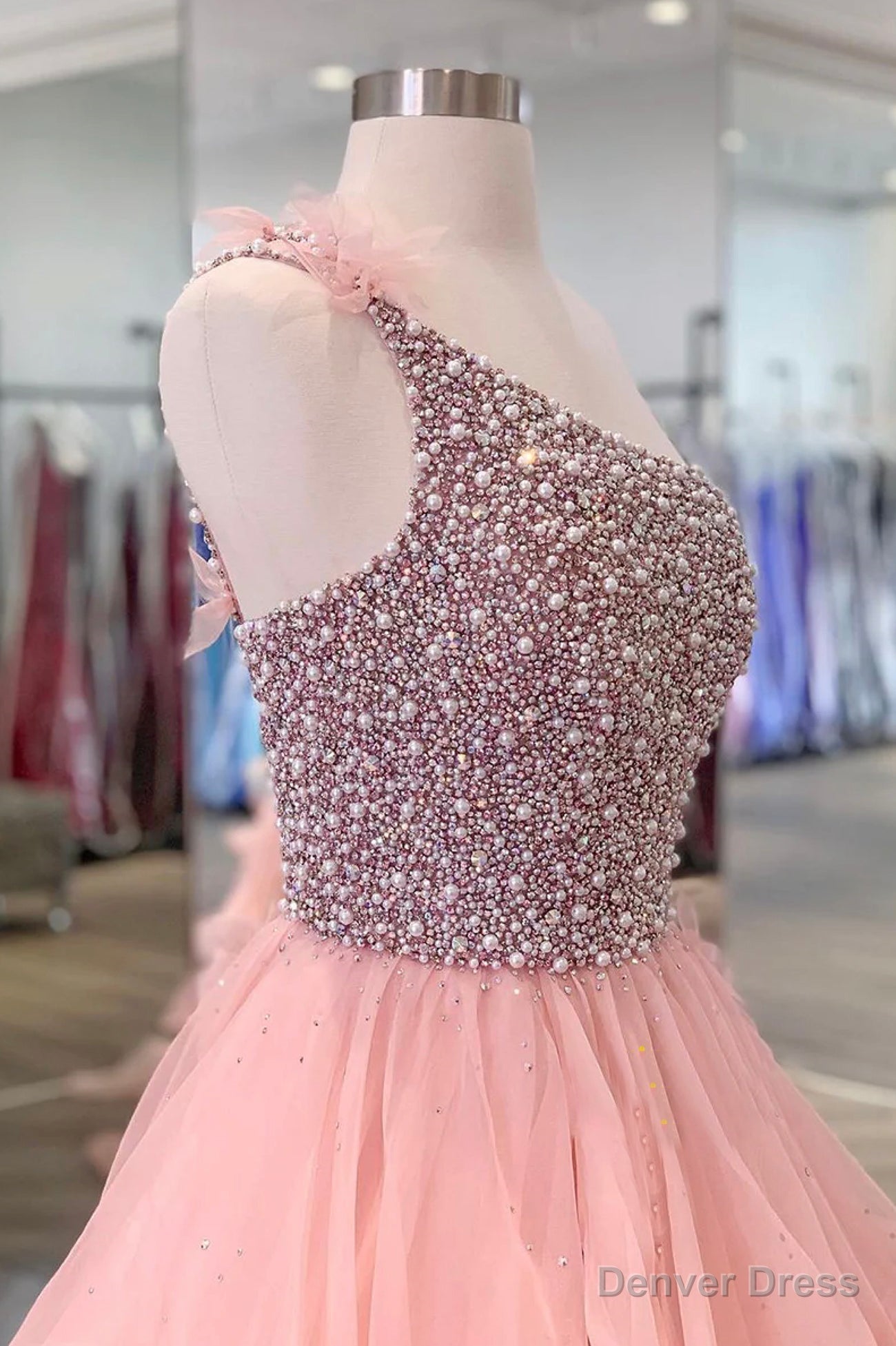 Pink Organza Beaded Long Prom Dress, A Line One Shoulder Prom Dresses