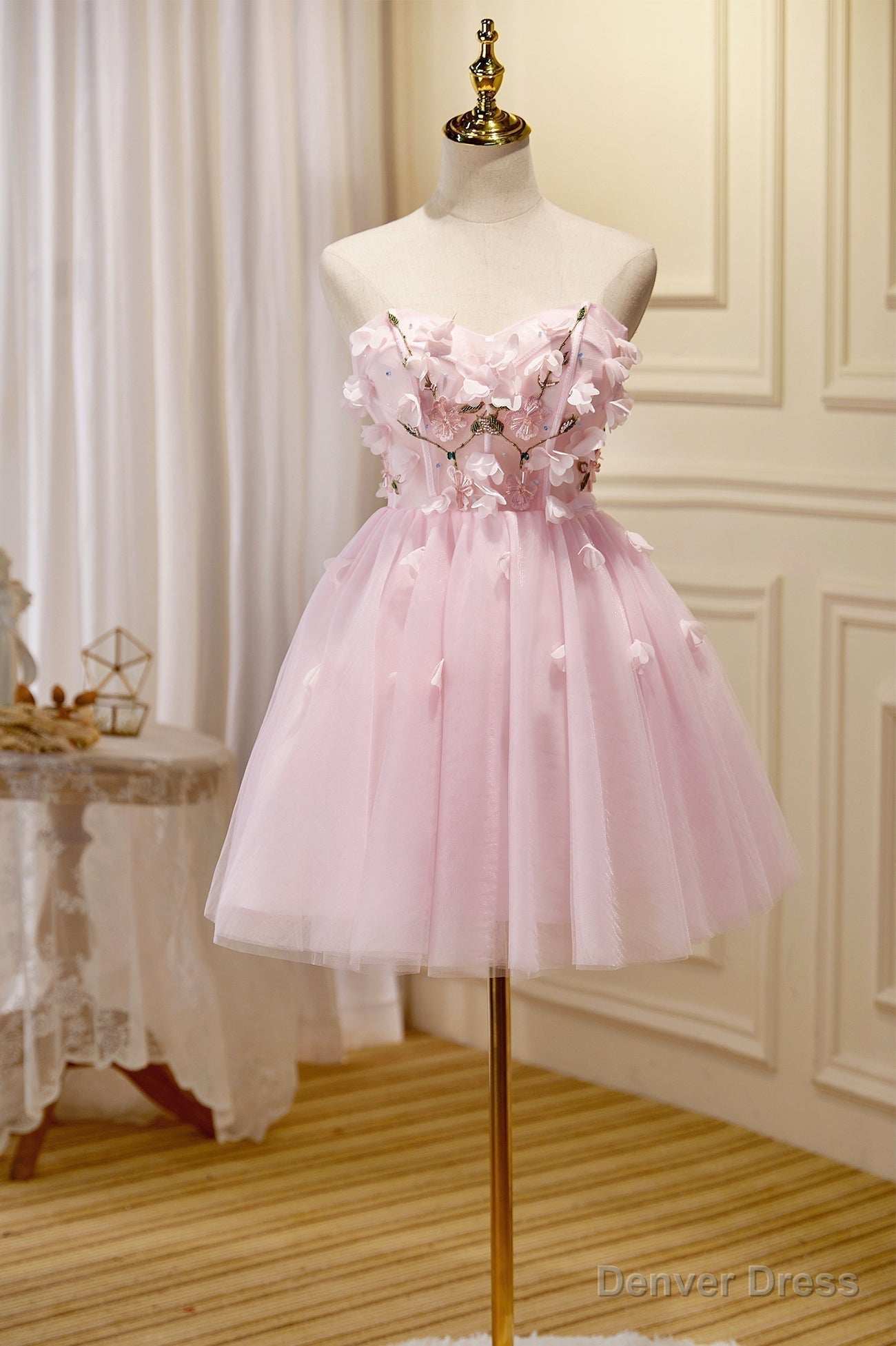 Pink Tulle Short Prom Dress, Pink A-Line Strapless Homecoming Dress Main image