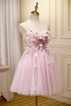 Pink Tulle Short Prom Dress, Pink A Line Strapless Homecoming Dresses