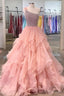 Pink Organza Beaded Long Prom Dress, A Line One Shoulder Prom Dresses