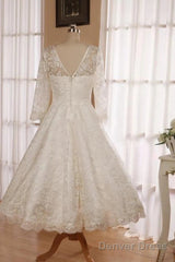 Low V Back Tea Length Lace Wedding Dress